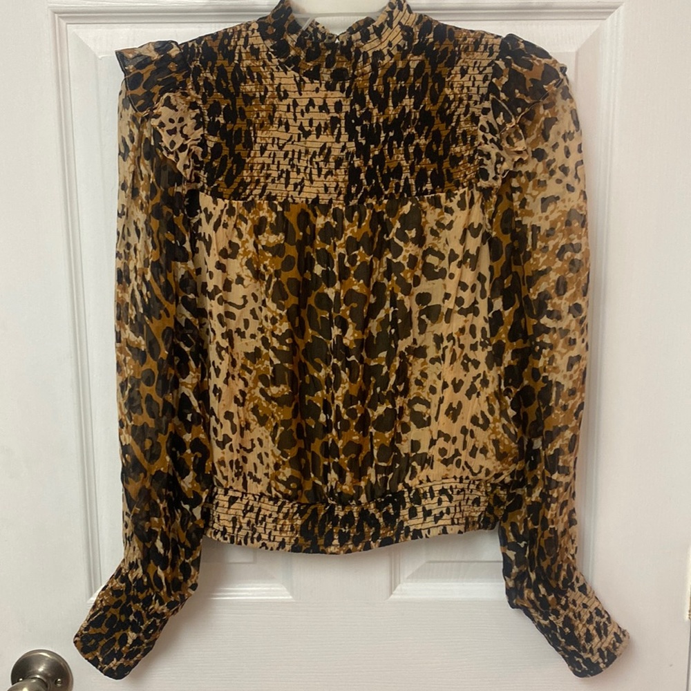 Free People Womens XS Leopard Animal Print SheerTop Leo Combo Blouse Ruffles